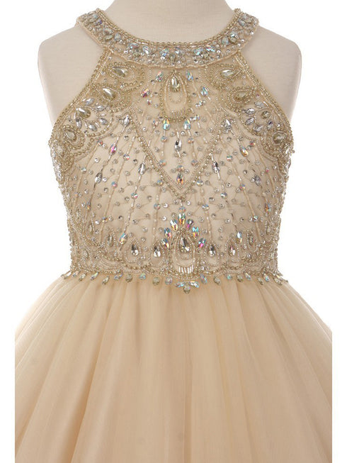 Girls Champagne Rhinestone Halter Neck Tulle Flower Girl Junior Bridesmaid Dress detail front 4-20 SophiasStyle.com